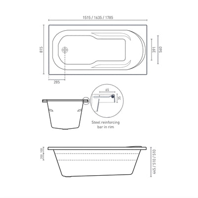 DECINA PRIMA INSET SANTAI SPA BATH GLOSS WHITE (AVAILABLE IN 1515MM, 1635MM AND 1785MM) WITH 10-JETS