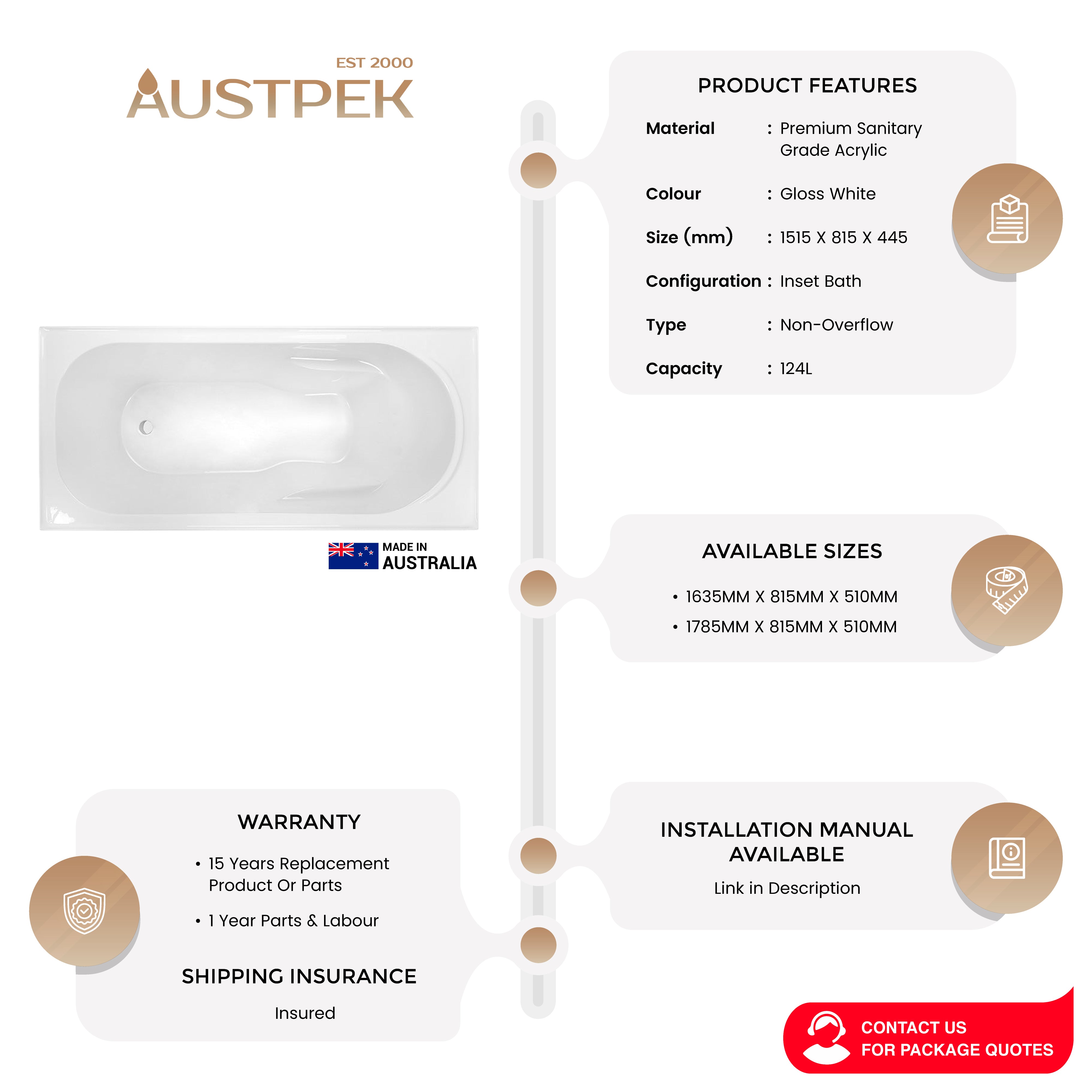 DECINA PRIMA INSET BATH GLOSS WHITE (AVAILABLE IN 1515MM, 1635MM AND 1785MM)