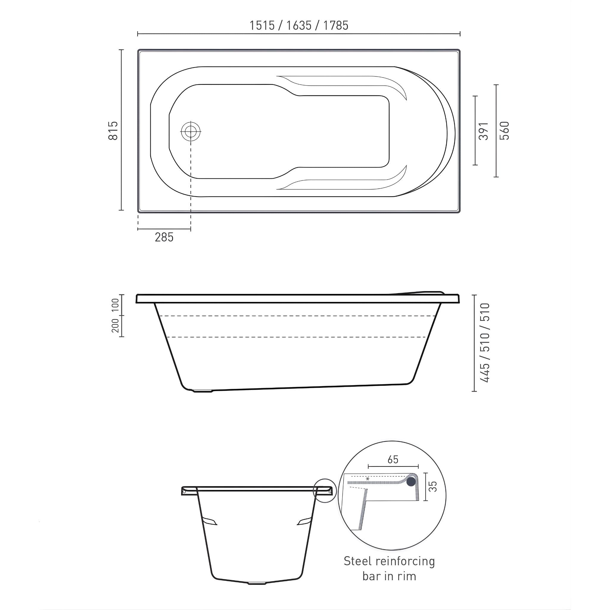 DECINA PRIMA INSET BATH GLOSS WHITE (AVAILABLE IN 1515MM, 1635MM AND 1785MM)
