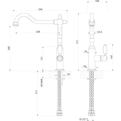 TURNER HASTINGS PROVIDENCE SINGLE SINK MIXER 311MM BRUSHED NICKEL (CERAMIC HANDLE)
