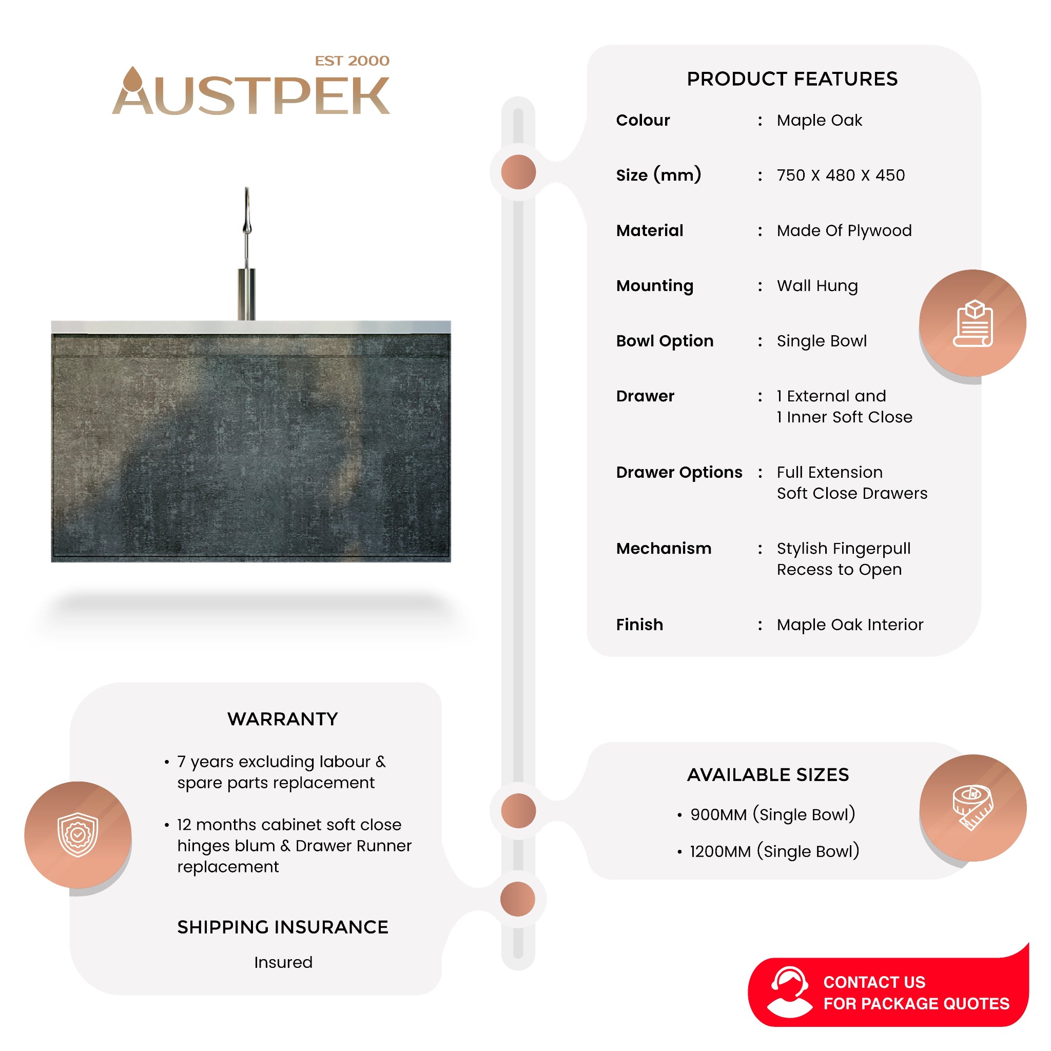 BELBAGNO PRADO MAPLE OAK 750MM SINGLE BOWL WALL HUNG VANITY AND BASIN