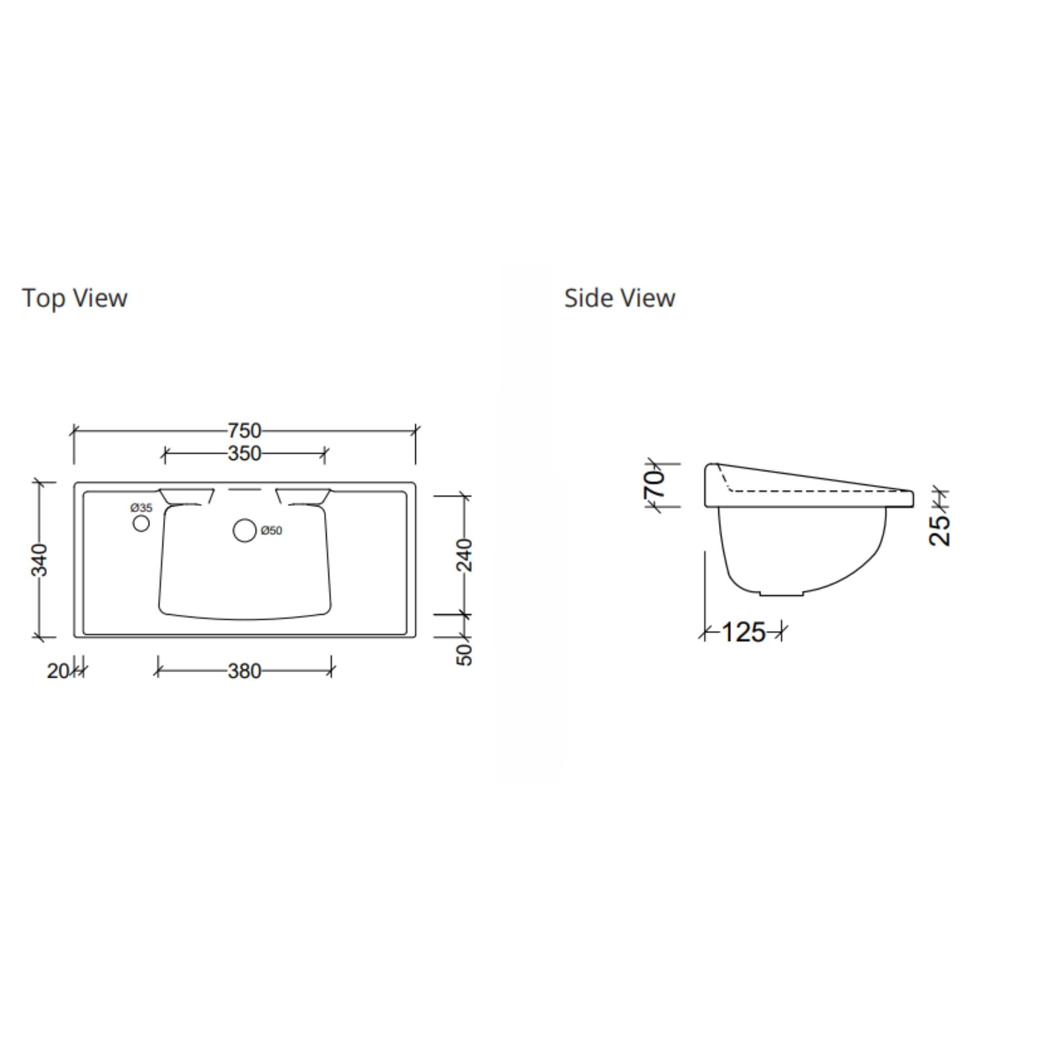 DUROCLASS PRINCE ENSUITE SINGLE BOWL INTEGRATED VANITY TOP GLOSS WHITE (AVAILABLE IN 600MM AND 750MM)