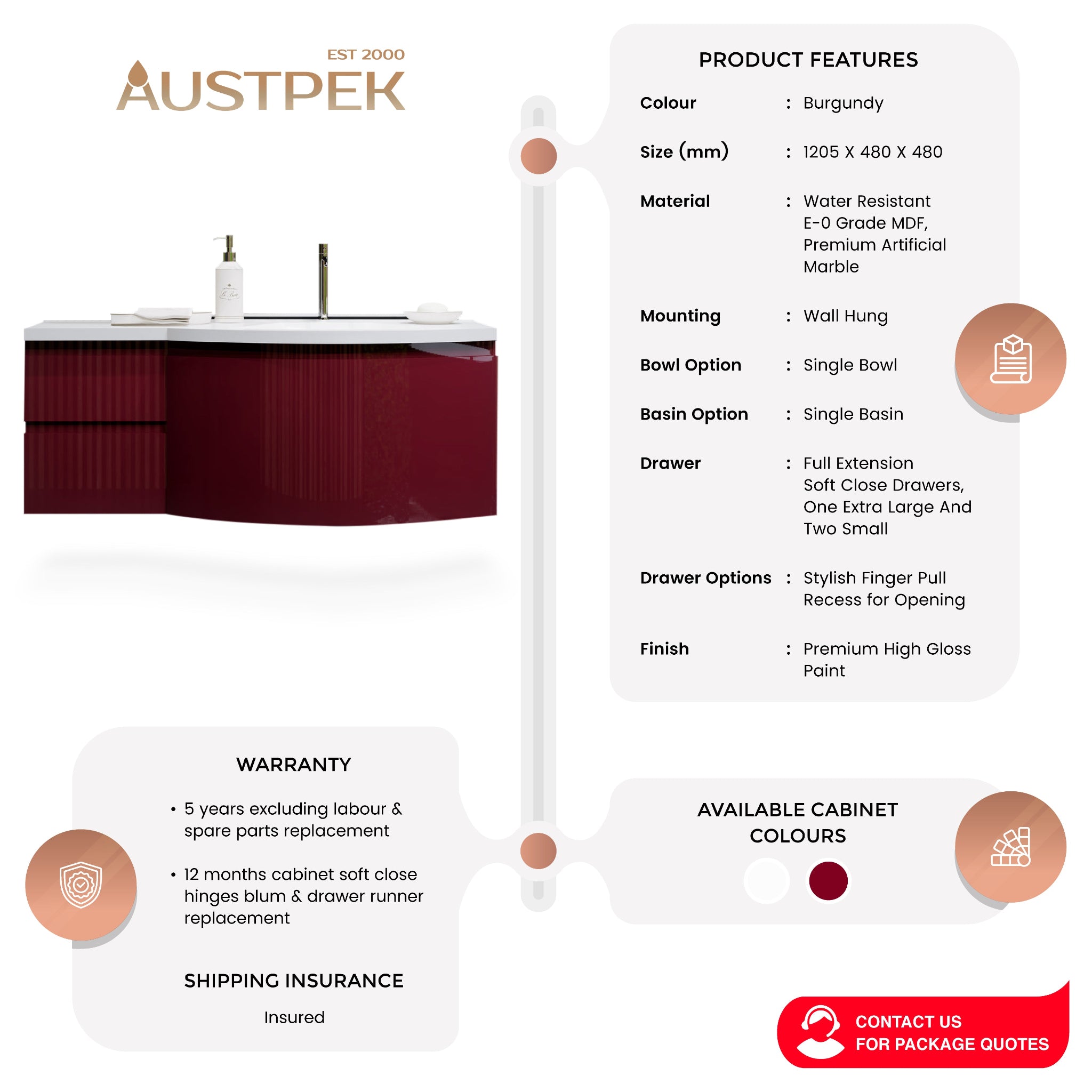 BELBAGNO PROSPERO BURGUNDY 1200MM SINGLE BOWL WALL HUNG VANITY AND BASIN