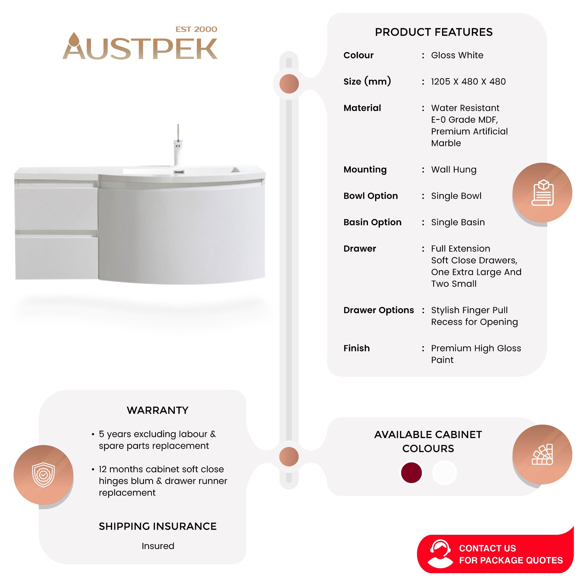 BELBAGNO PROSPERO GLOSS WHITE 1200MM SINGLE BOWL WALL HUNG VANITY AND BASIN