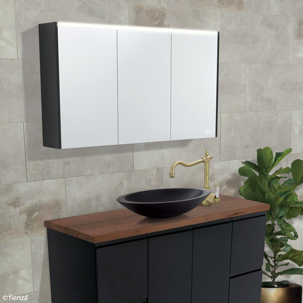 FIENZA SATIN BLACK LED MIRROR SHAVING CABINET WITH SIDE PANELS 1200X670MM