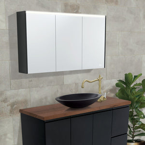 FIENZA SATIN BLACK LED MIRROR SHAVING CABINET WITH SIDE PANELS 900X670MM