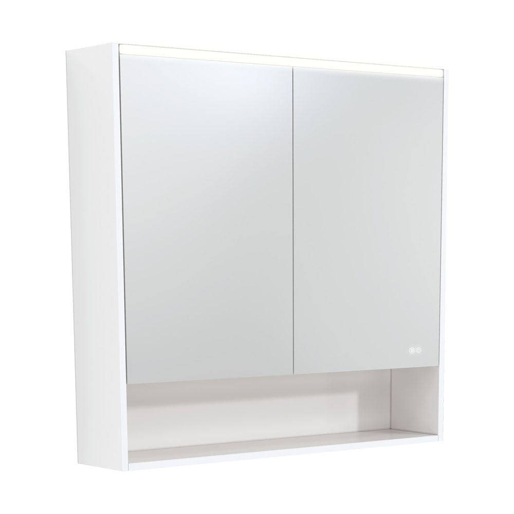 FIENZA SATIN WHITE LED MIRROR SHAVING CABINET WITH DISPLAY SHELF 900X850MM