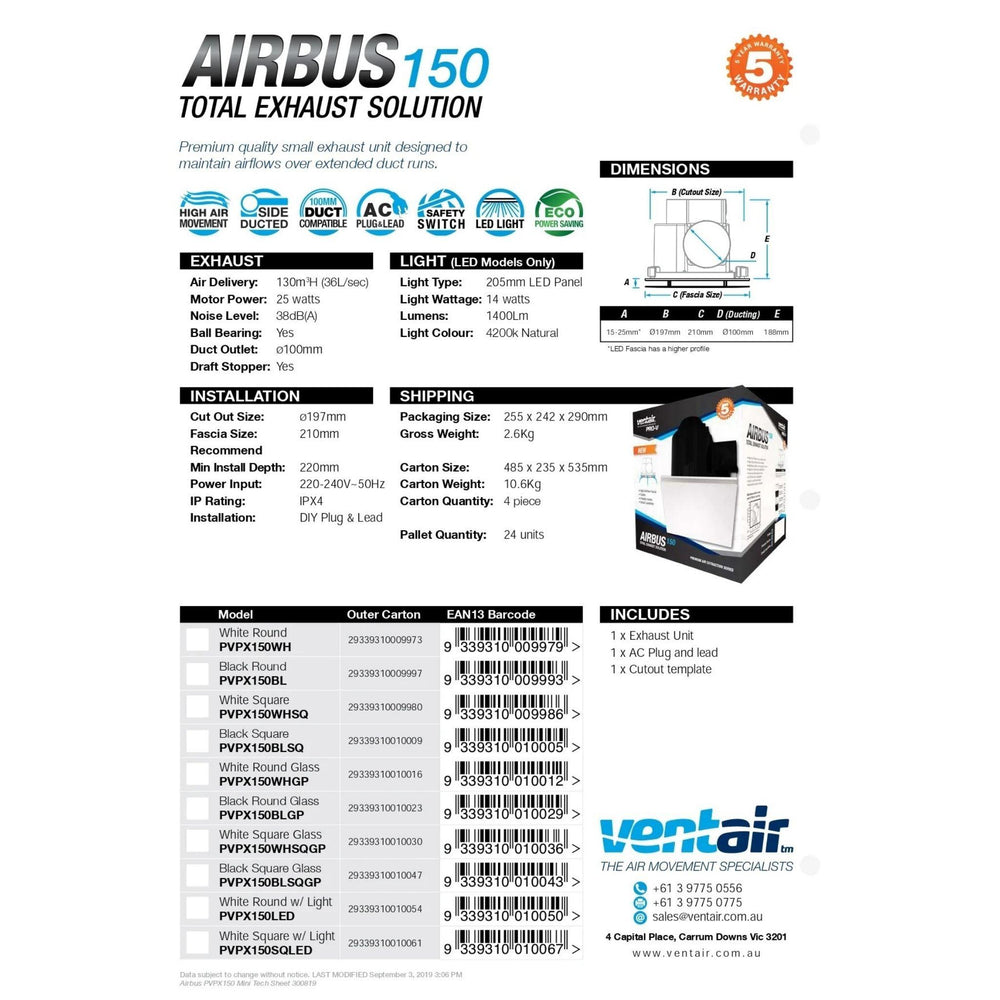 VENTAIR AIRBUS 150 SQUARE PREMIUM QUALITY SIDE DUCTED EXHAUST FAN WITH 10W LED PANEL WHITE