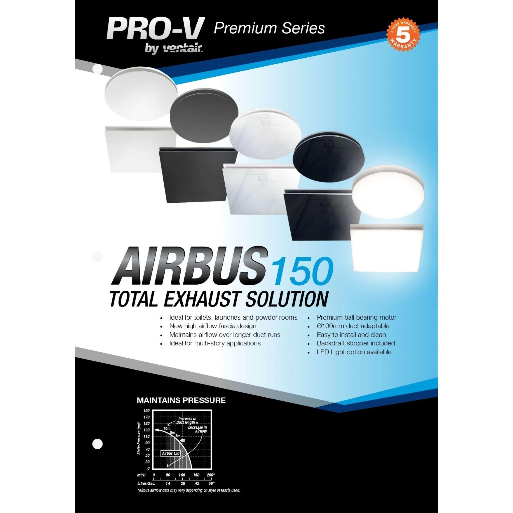 VENTAIR AIRBUS 150 SQUARE PREMIUM QUALITY SIDE DUCTED EXHAUST FAN WITH 10W LED PANEL WHITE