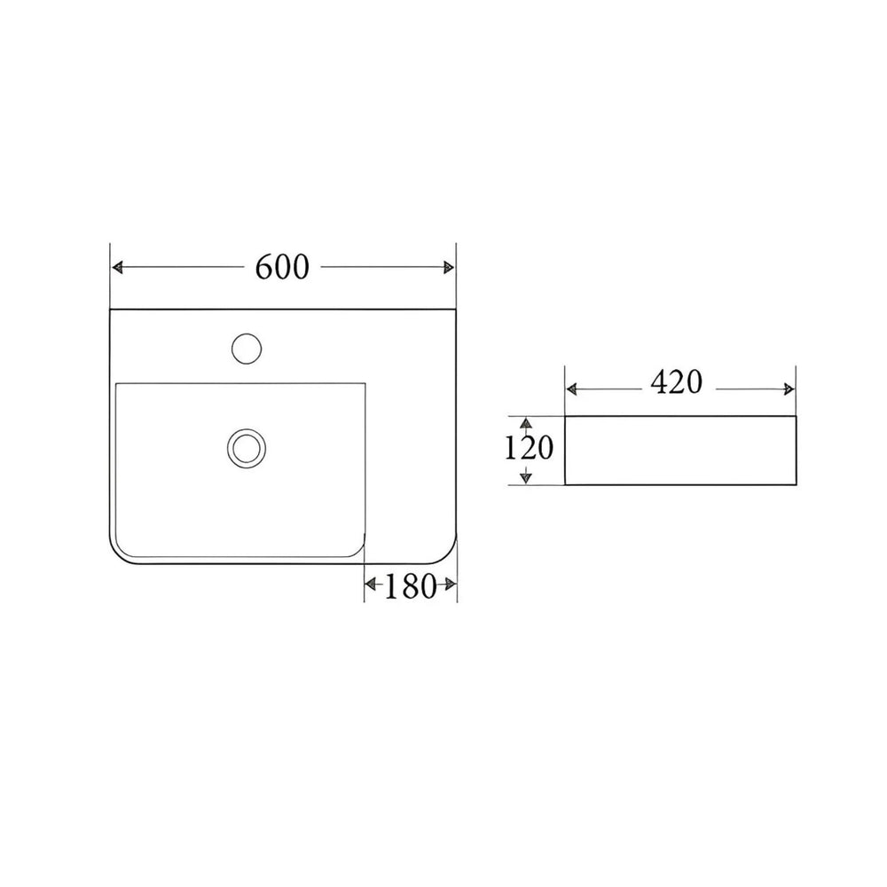 POSEIDON WALL HUNG / ABOVE COUNTER BASIN WITH LEFT HAND BOWL GLOSS WHITE 600MM