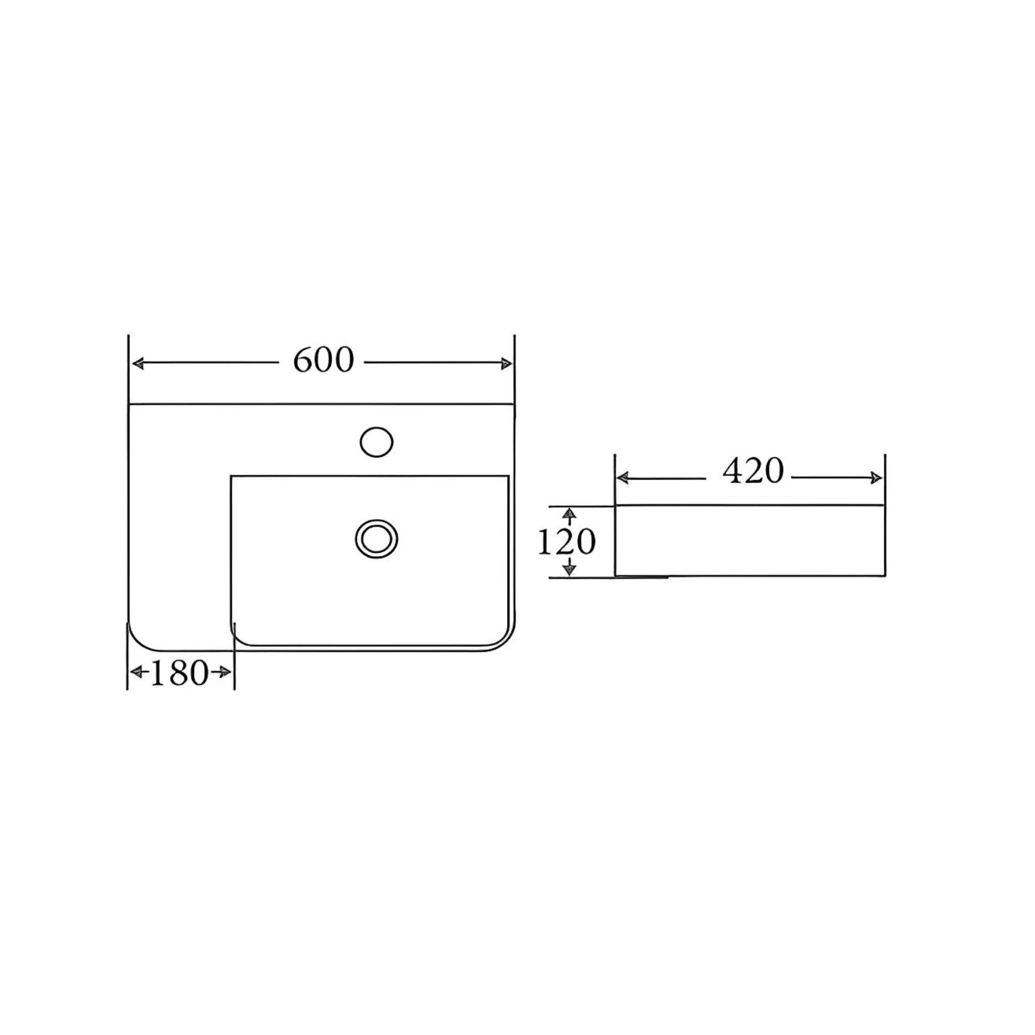 POSEIDON WALL HUNG / ABOVE COUNTER BASIN WITH RIGHT HAND BOWL GLOSS WHITE 600MM