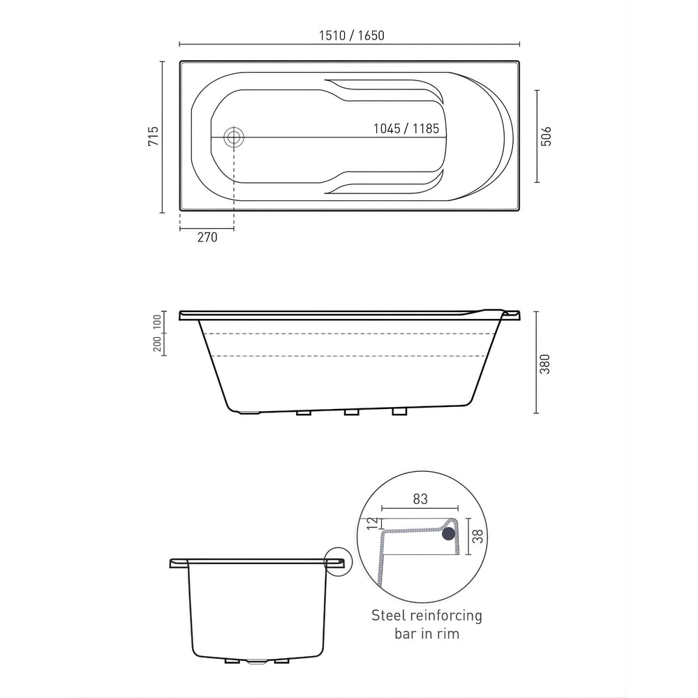 DECINA PREZZO INSET BATH GLOSS WHITE (AVAILABLE IN 1510MM AND 1650MM)