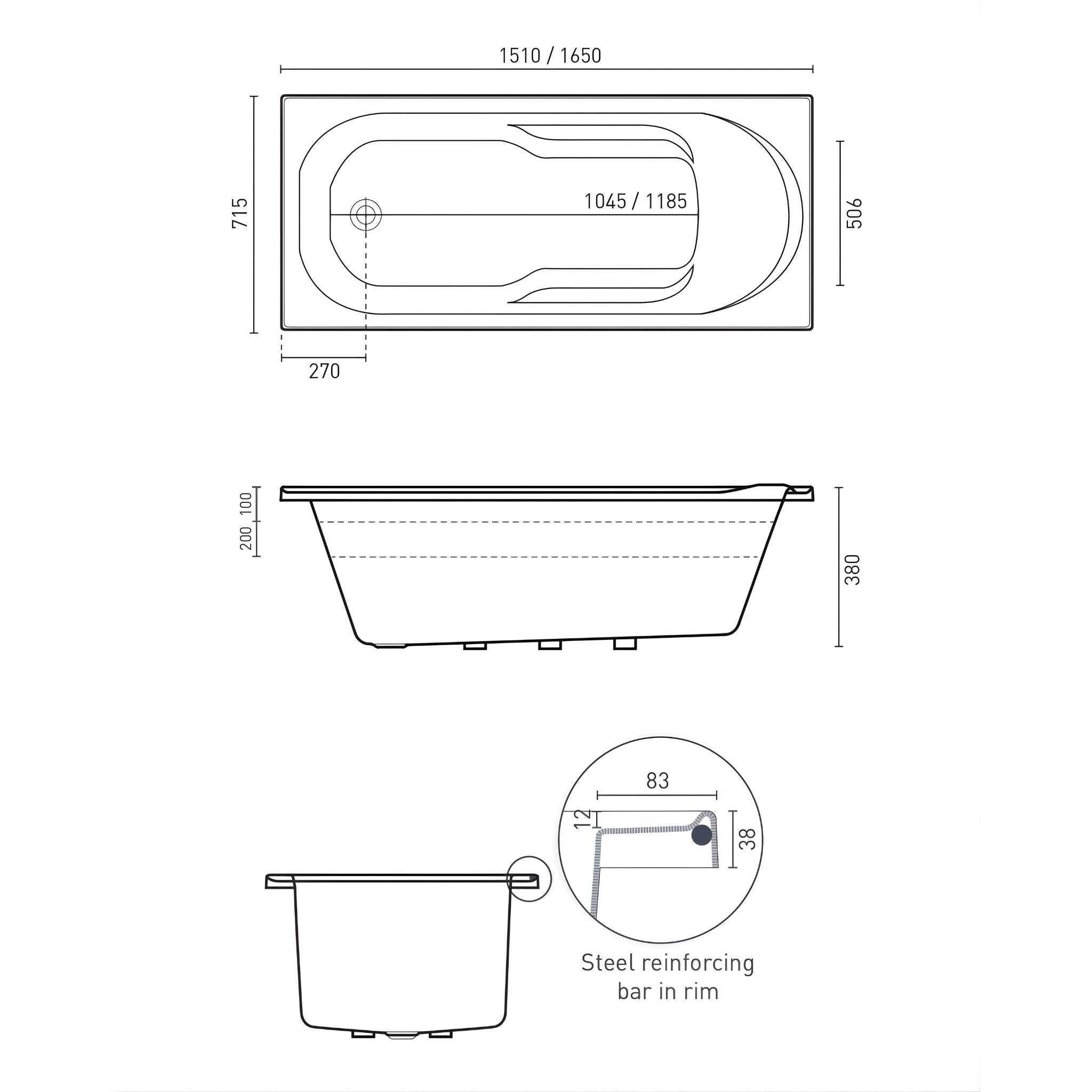 DECINA PREZZO INSET BATH GLOSS WHITE (AVAILABLE IN 1510MM AND 1650MM)