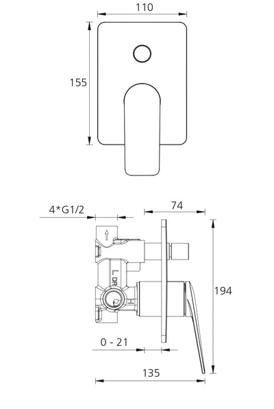 OLIVERI PARIS WALL MIXER WITH DIVERTER 194MM MATTE BLACK