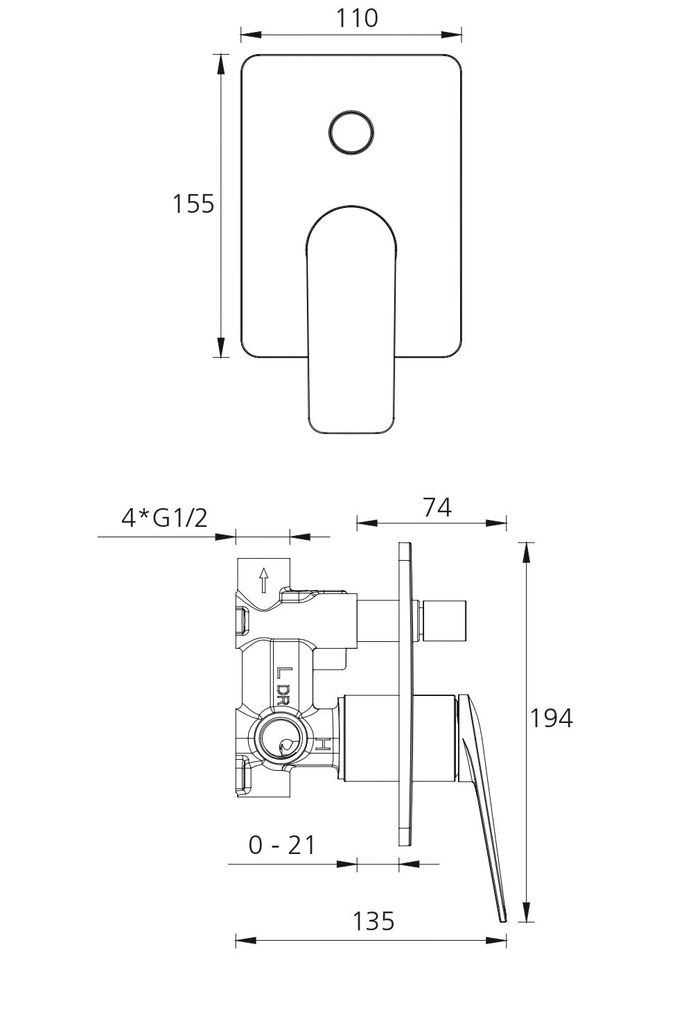 OLIVERI PARIS WALL MIXER WITH DIVERTER 194MM MATTE BLACK