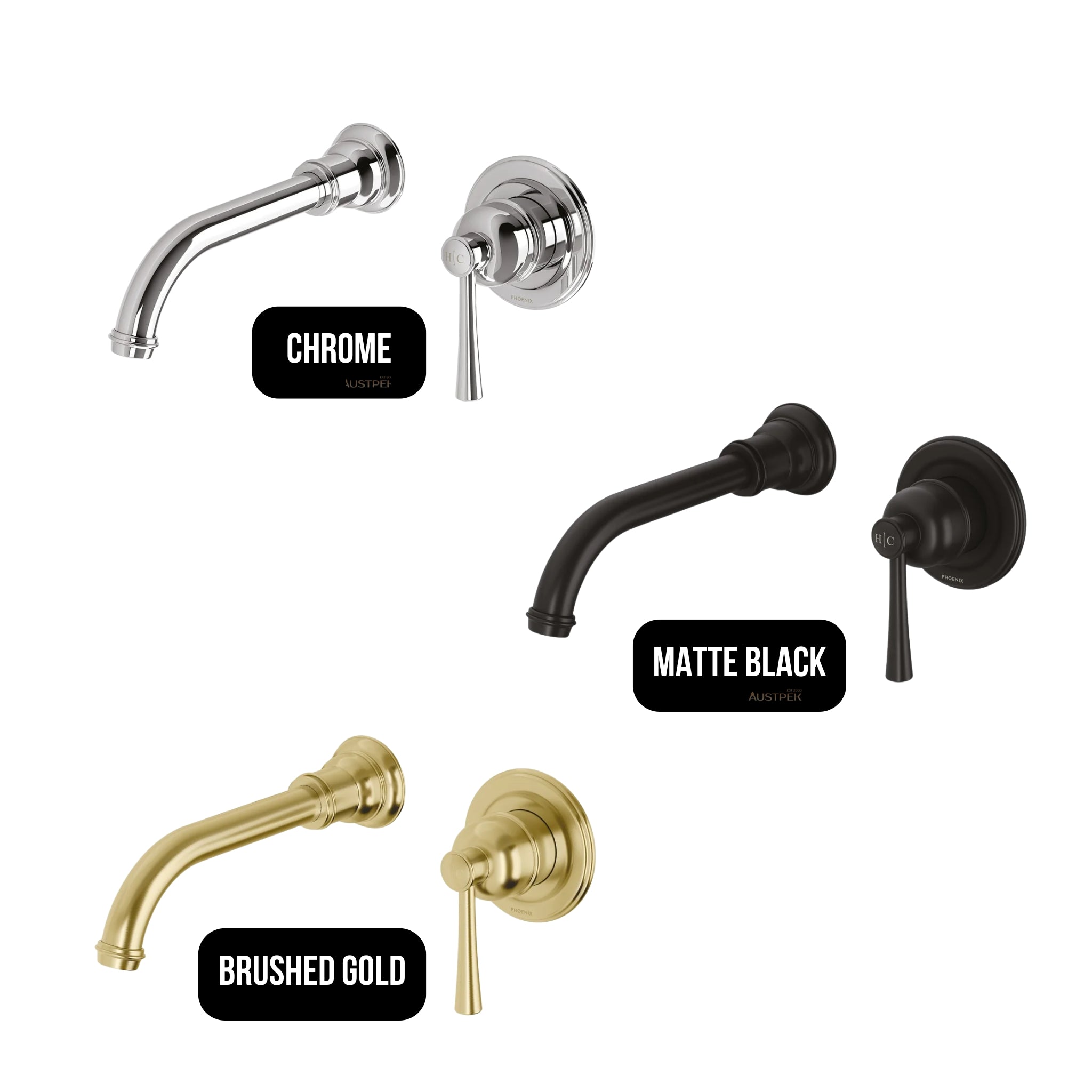 PHOENIX CROMFORD SWITCHMIX LEAD FREE WALL BASIN MIXER SET FIT-OFF AND ROUGH-IN KIT 200MM BRUSHED GOLD