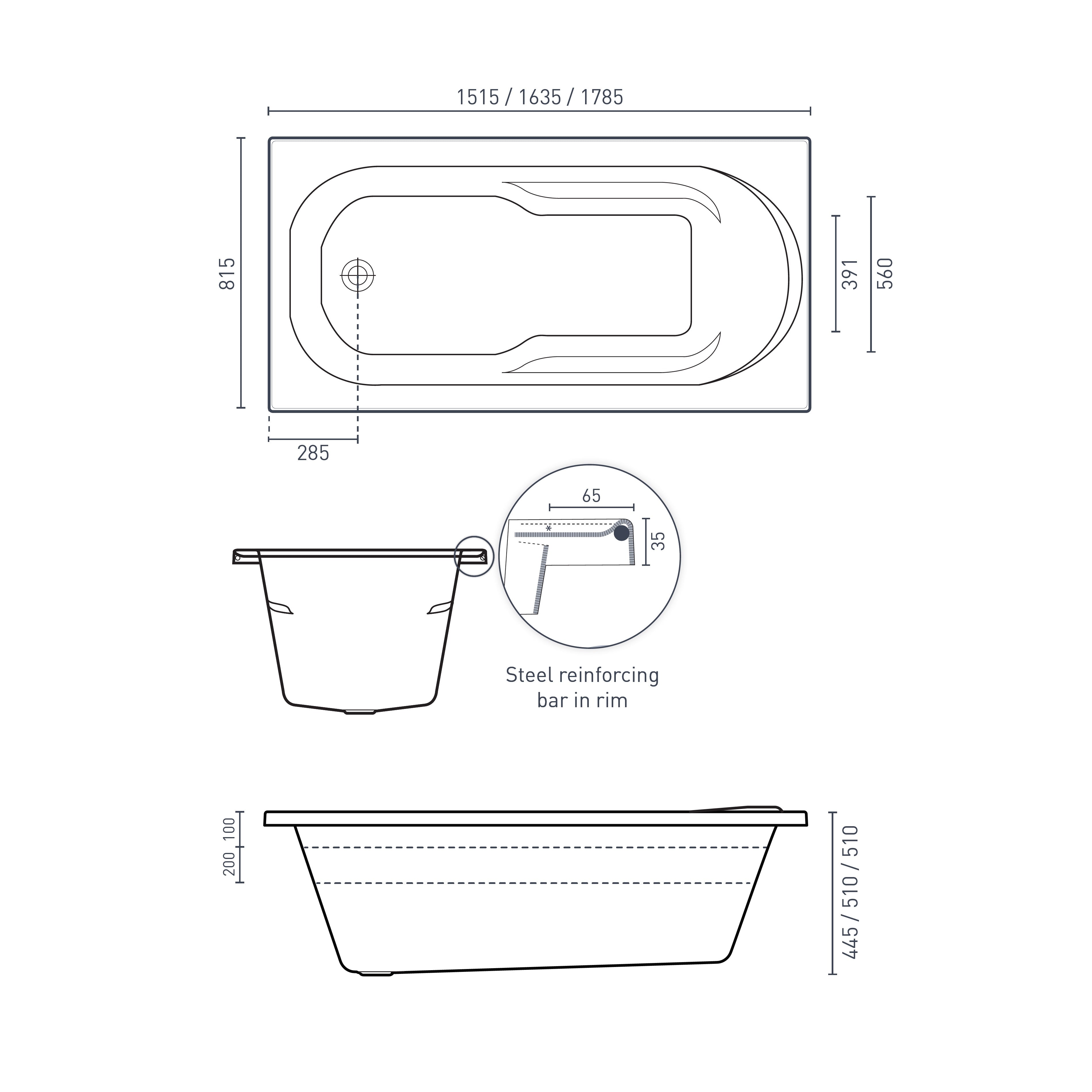 DECINA PRIMA INSET SANTAI SPA BATH GLOSS WHITE (AVAILABLE IN 1515MM, 1635MM AND 1785MM) WITH 10-JETS