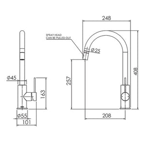FELTON LINEA PULL OUT SINK MIXER 408MM BRUSHED STAINLESS