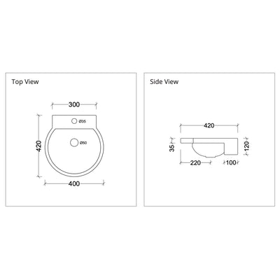 DUROCLASS QUAY FORWARD SEMI-RECESSED BASIN GLOSS WHITE 420MM