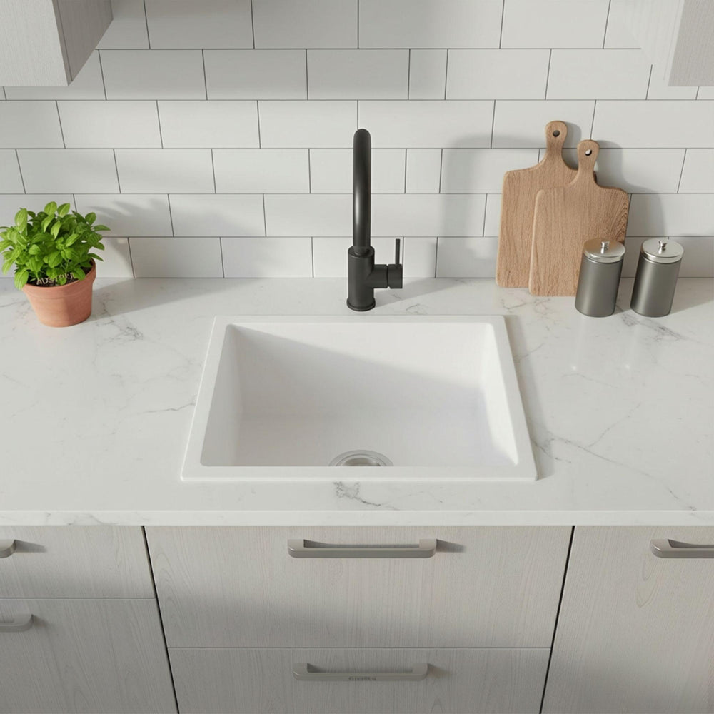 POSEIDON QUARTZ SINGLE BOWL TOP / UNDERMOUNT KITCHEN SINK MATTE WHITE 543MM