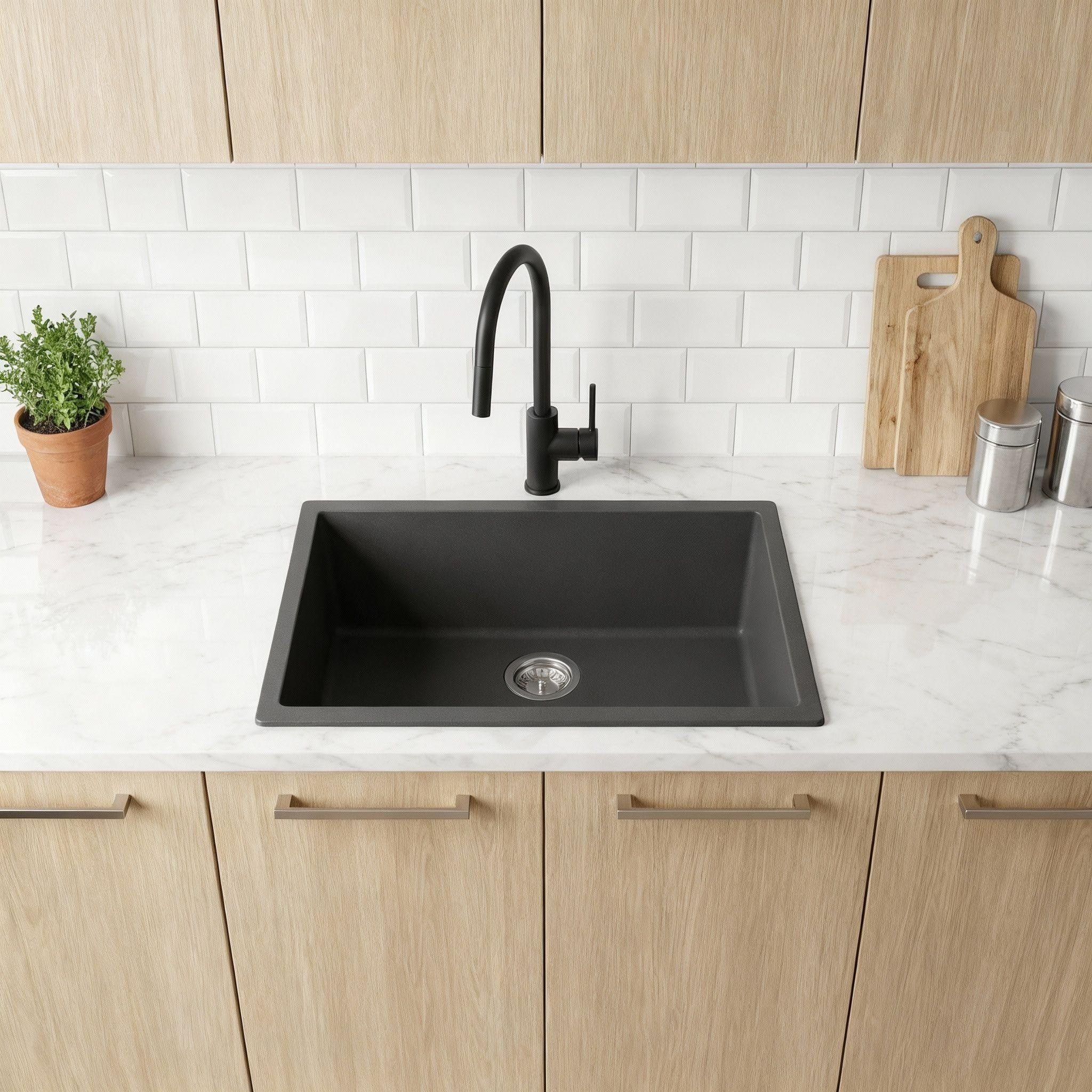 POSEIDON QUARTZ SINGLE BOWL TOP / UNDERMOUNT KITCHEN SINK MATTE BLACK 813MM