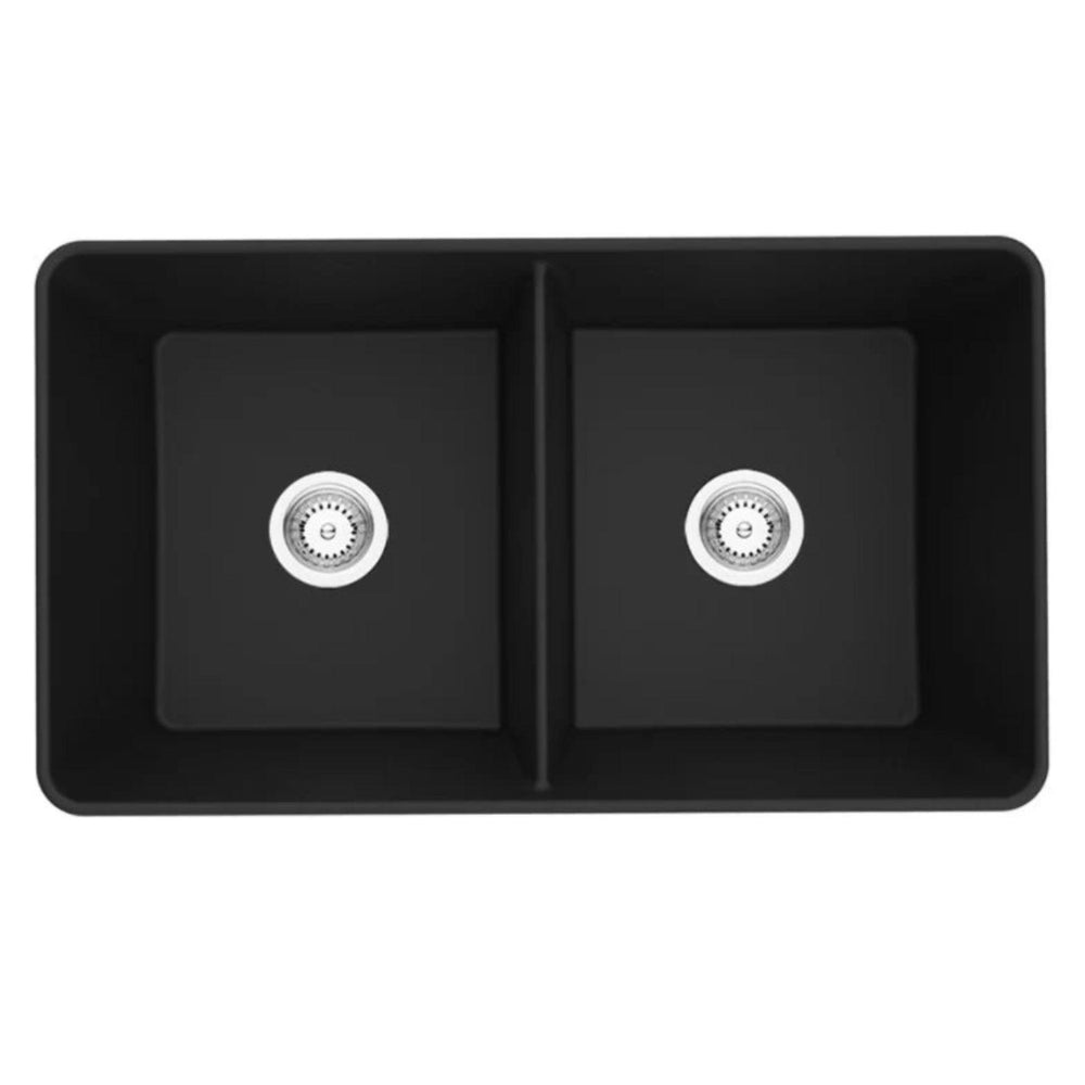 POSEIDON QUARTZ DOUBLE BOWL UNDERMOUNT KITCHEN SINK MATTE BLACK 838MM