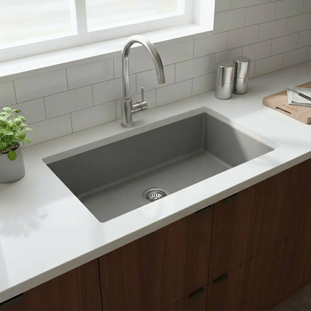 POSEIDON QUARTZ UNDERMOUNT KITCHEN SINK MATTE GREY 838MM