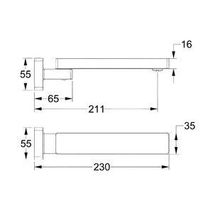 Linsol Quadra Swivel Wall Bath Spout 230mm Matte Black - Technical Drawing