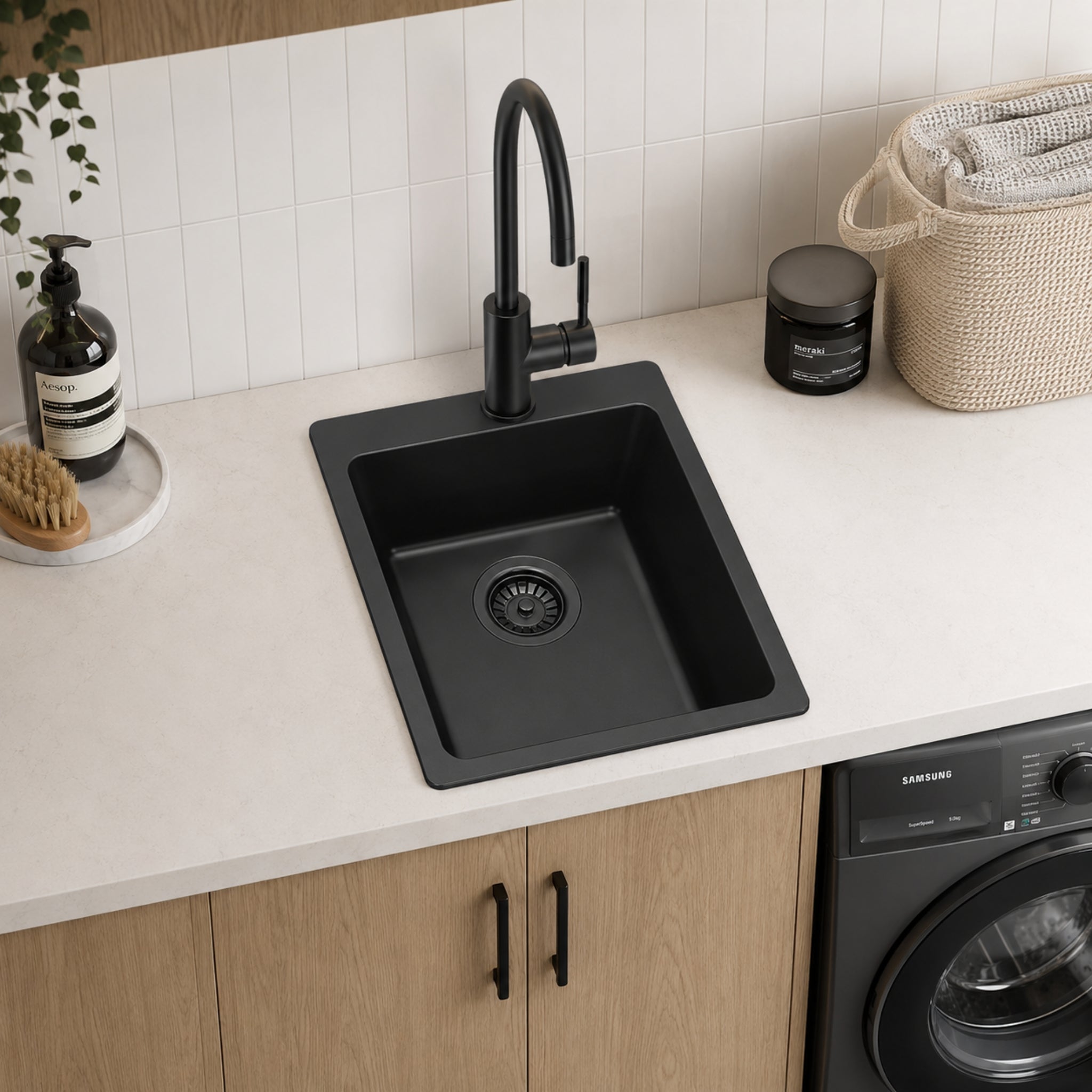 VITO QUARTZ SINGLE BOWL TOPMOUNT LAUNDRY SINK WITH TAPHOLE MATTE BLACK 350MM