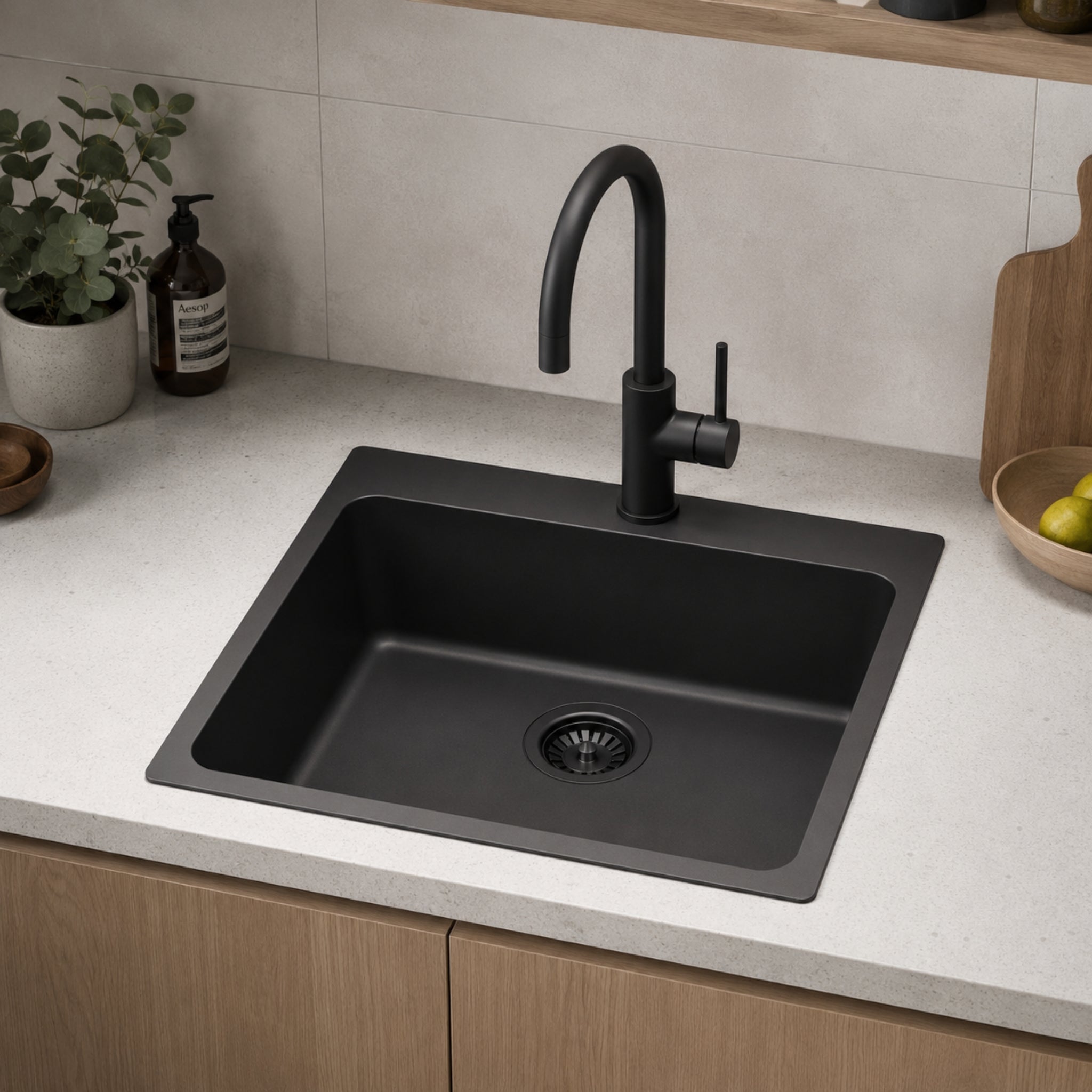 VITO QUARTZ SINGLE BOWL TOPMOUNT KITCHEN SINK WITH TAPHOLE MATTE BLACK 550MM