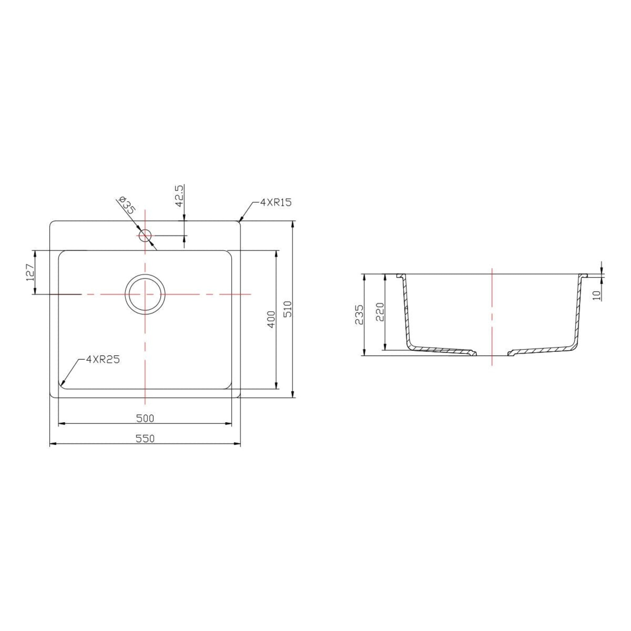 VITO QUARTZ SINGLE BOWL TOPMOUNT KITCHEN SINK WITH TAPHOLE MATTE BLACK 550MM