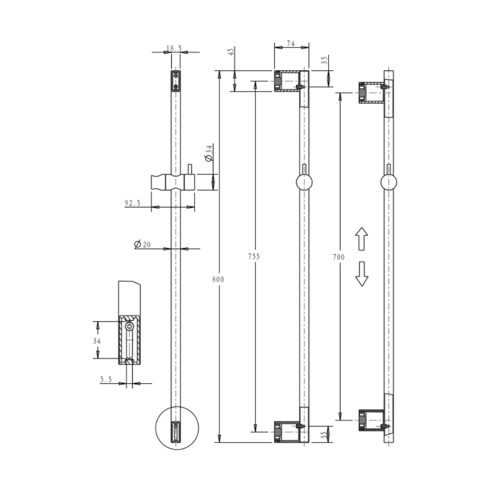 BELLA VISTA MICA SHOWER RAIL 800MM BRUSHED NICKEL
