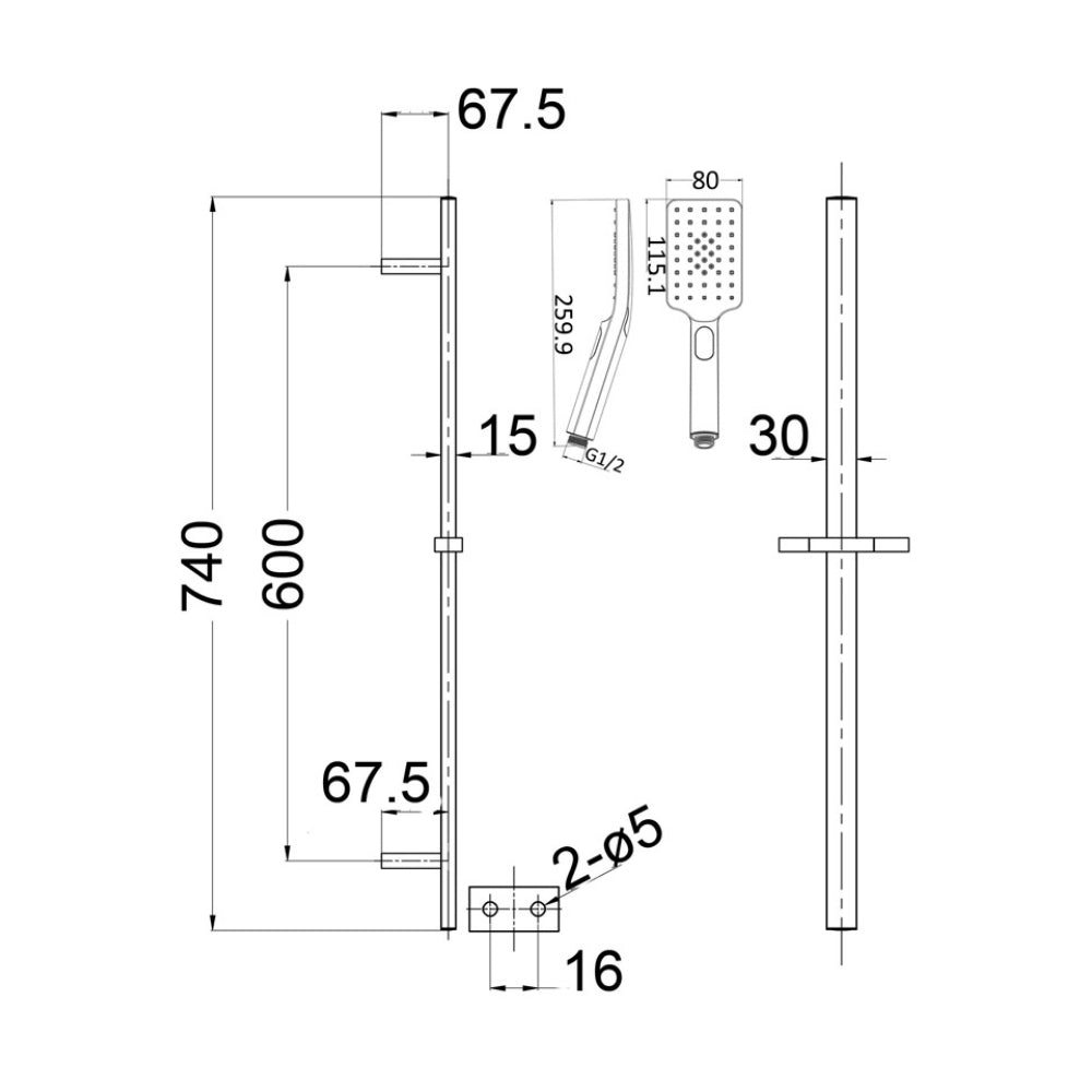 BELLA VISTA CRESTA SINGLE SHOWER RAIL 740MM BLACK