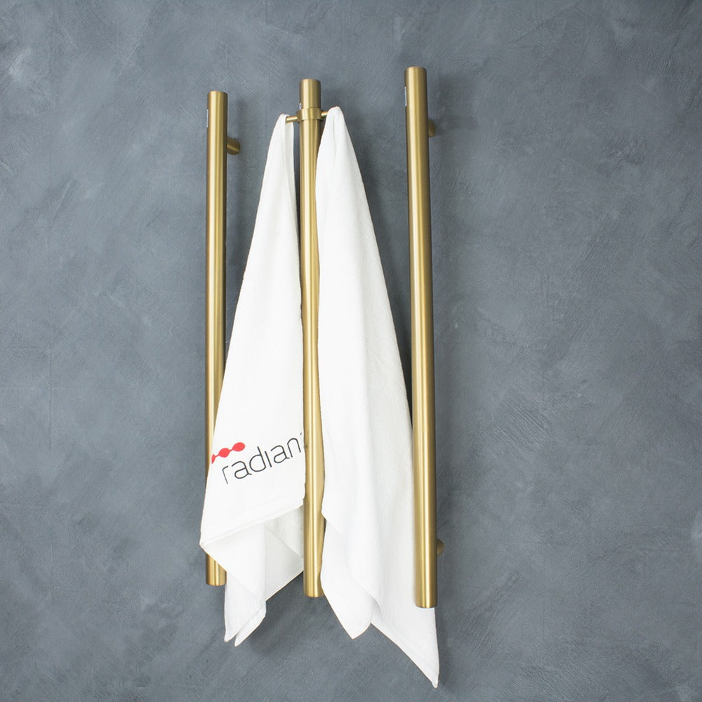 RADIANT HEATING VERTICAL ROUND HEATED SINGLE TOWEL RAIL BRUSHED GOLD 950MM