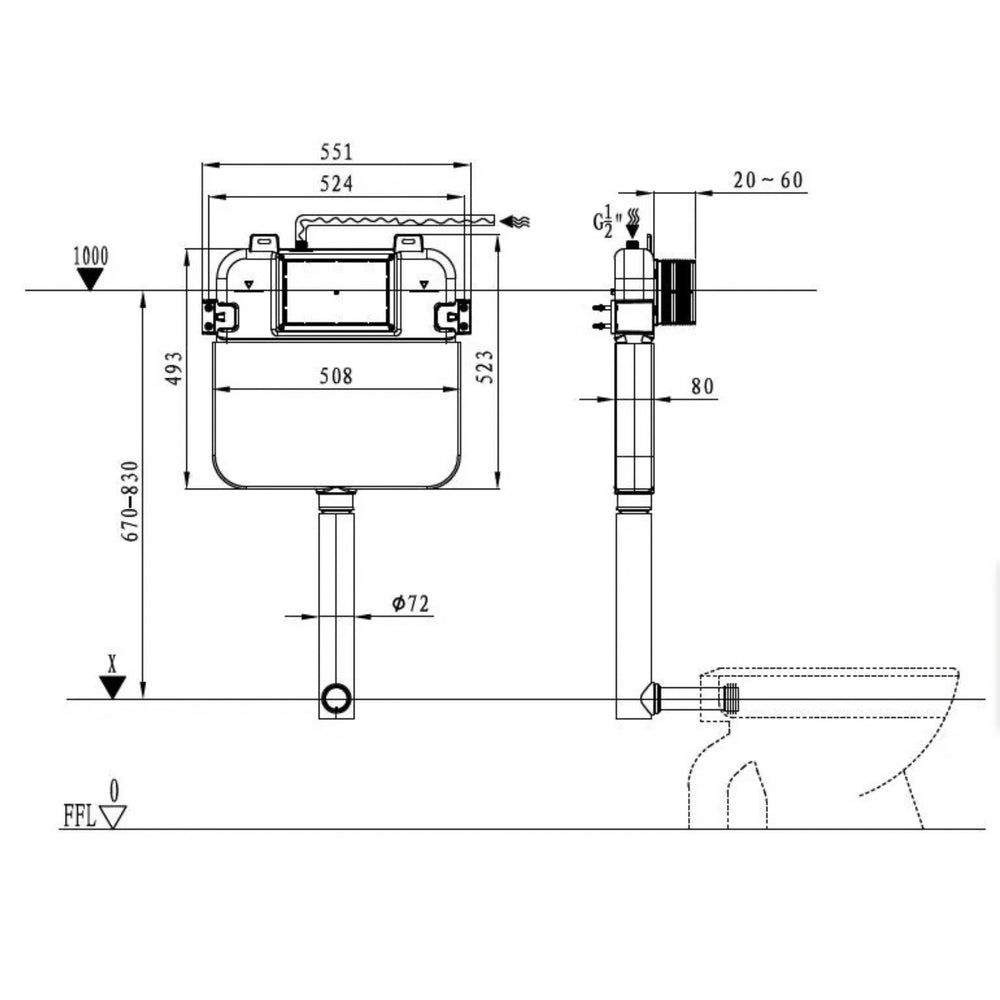 R&T FRAMELESS INWALL CISTERN FOR WALL FACED PAN