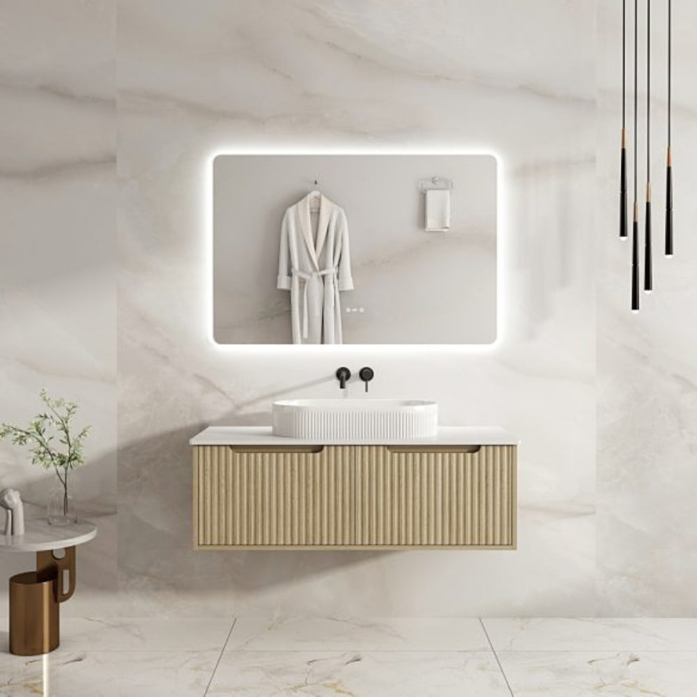 MERCIO RHEA FLUTED NATURAL OAK 1200MM SINGLE BOWL WALL HUNG VANITY