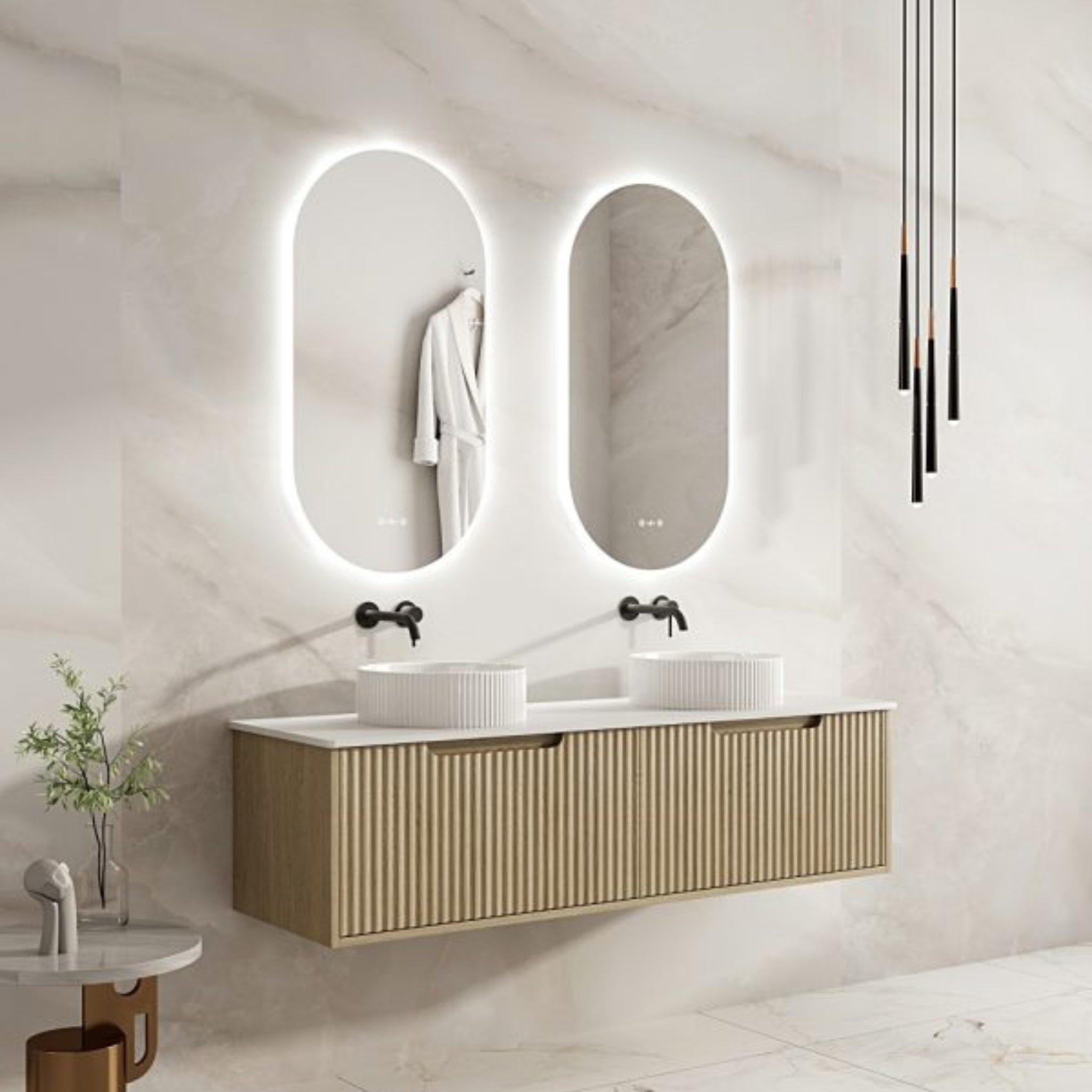 MERCIO RHEA FLUTED NATURAL OAK 1500MM DOUBLE BOWL WALL HUNG VANITY