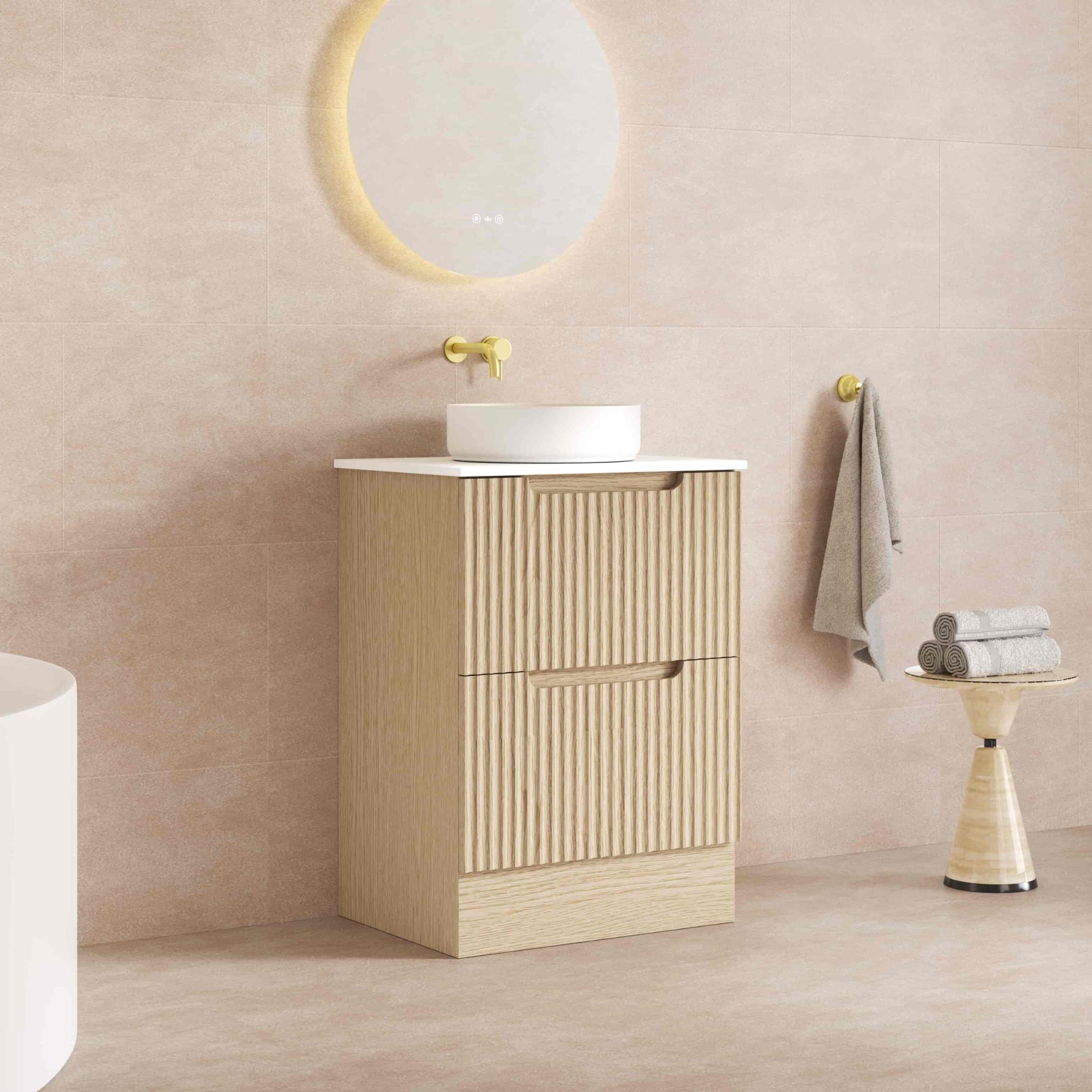 MERCIO RHEA FLUTED NATURAL OAK 600MM SINGLE BOWL FLOOR STANDING VANITY