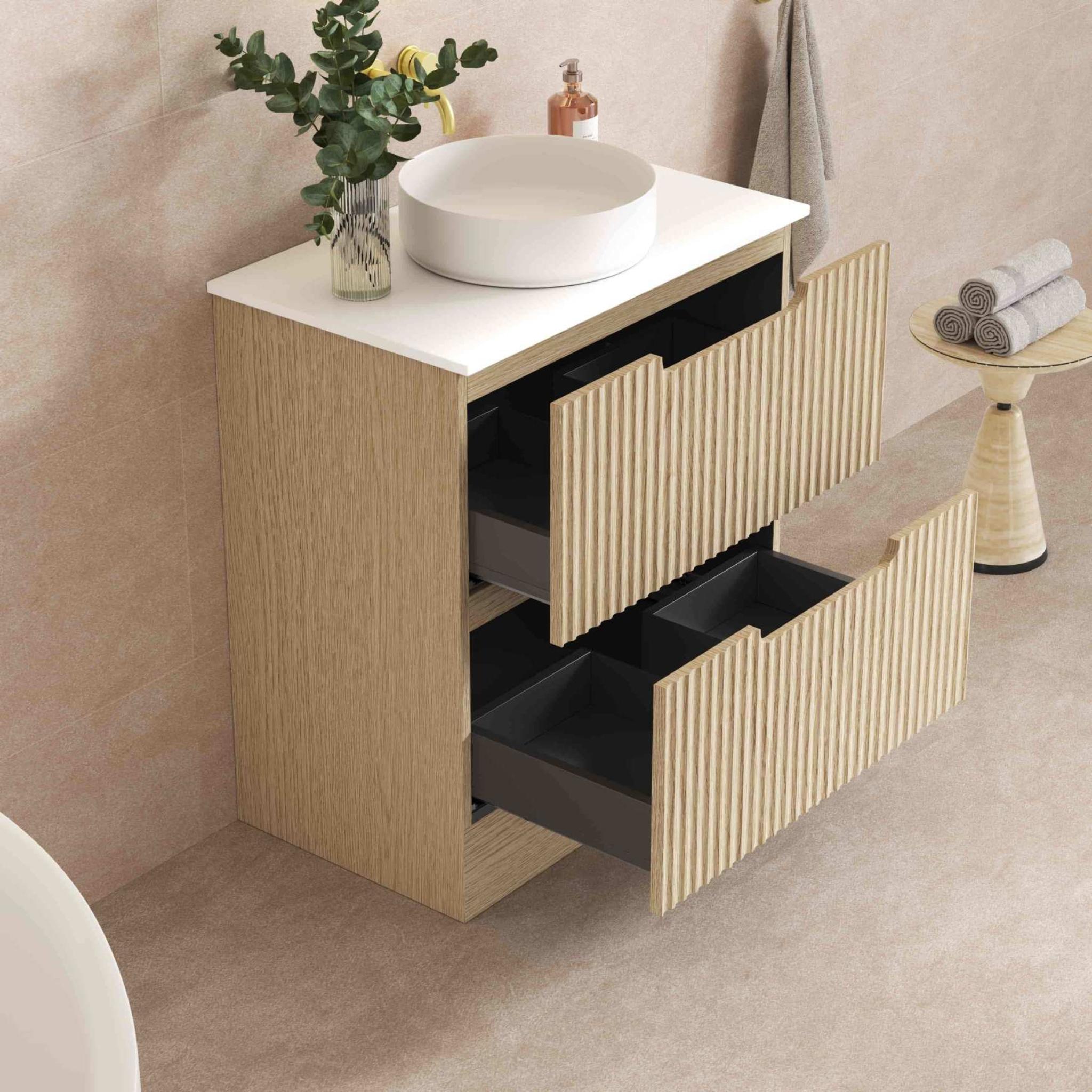 MERCIO RHEA FLUTED NATURAL OAK 750MM SINGLE BOWL FLOOR STANDING VANITY
