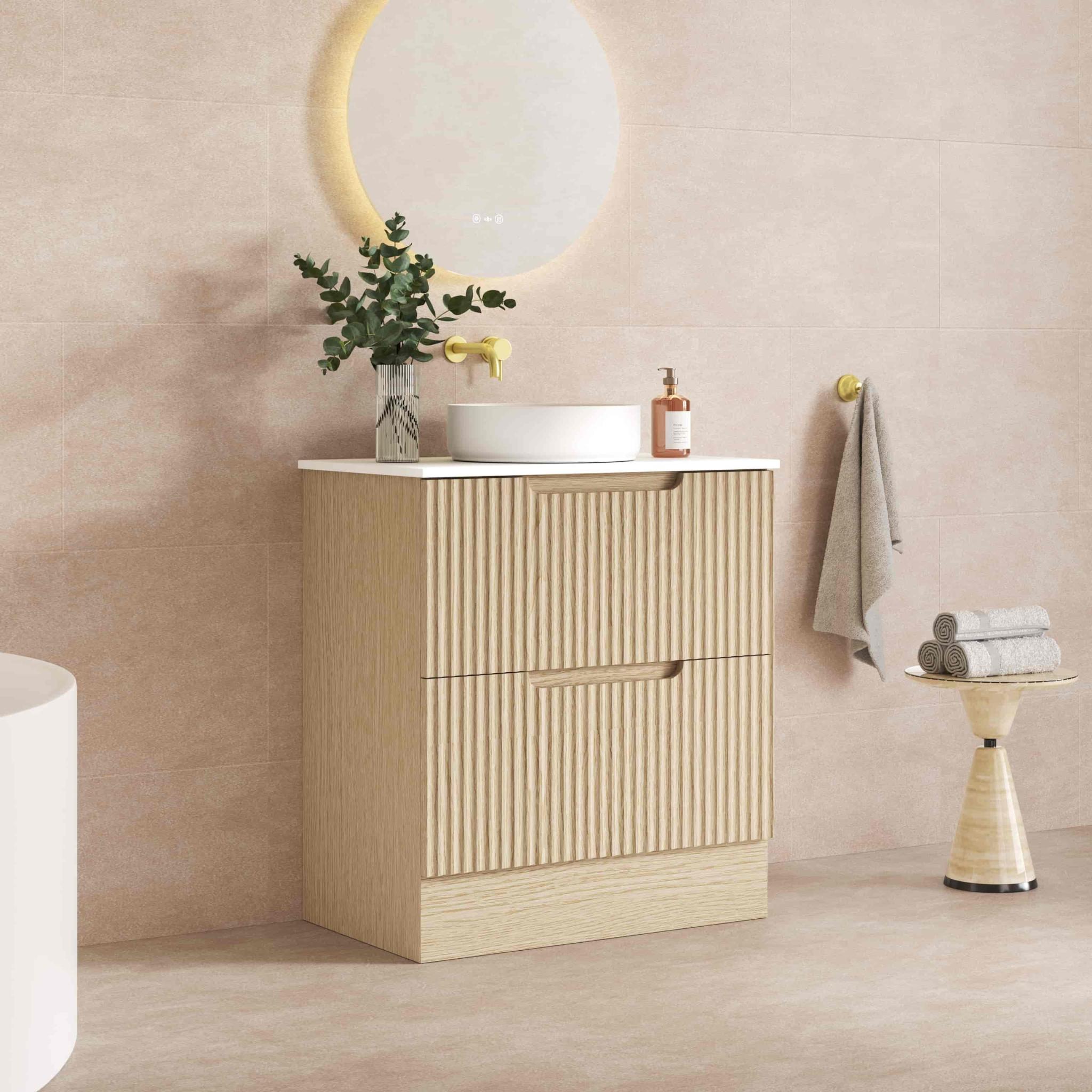 MERCIO RHEA FLUTED NATURAL OAK 750MM SINGLE BOWL FLOOR STANDING VANITY