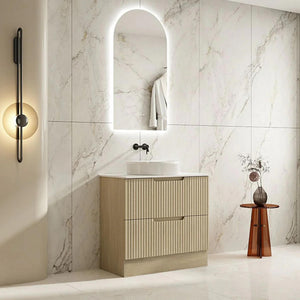 MERCIO RHEA FLUTED NATURAL OAK 900MM SINGLE BOWL FLOOR STANDING VANITY