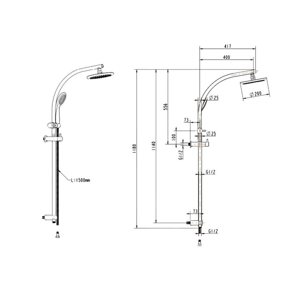 GARETH ASHTON CURVE SHOWER SYSTEM 1180MM BRUSHED NICKEL