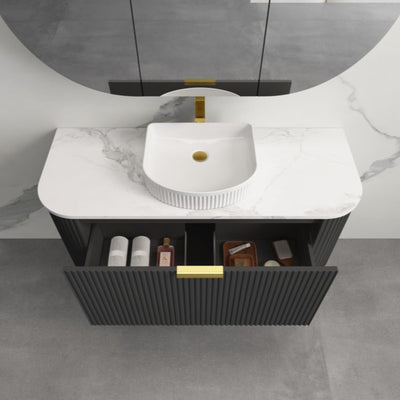 INFINITY RIO BLACK 1200MM CURVE SINGLE BOWL WALL HUNG VANITY W/ GERMAN HETTICH RUNNERS