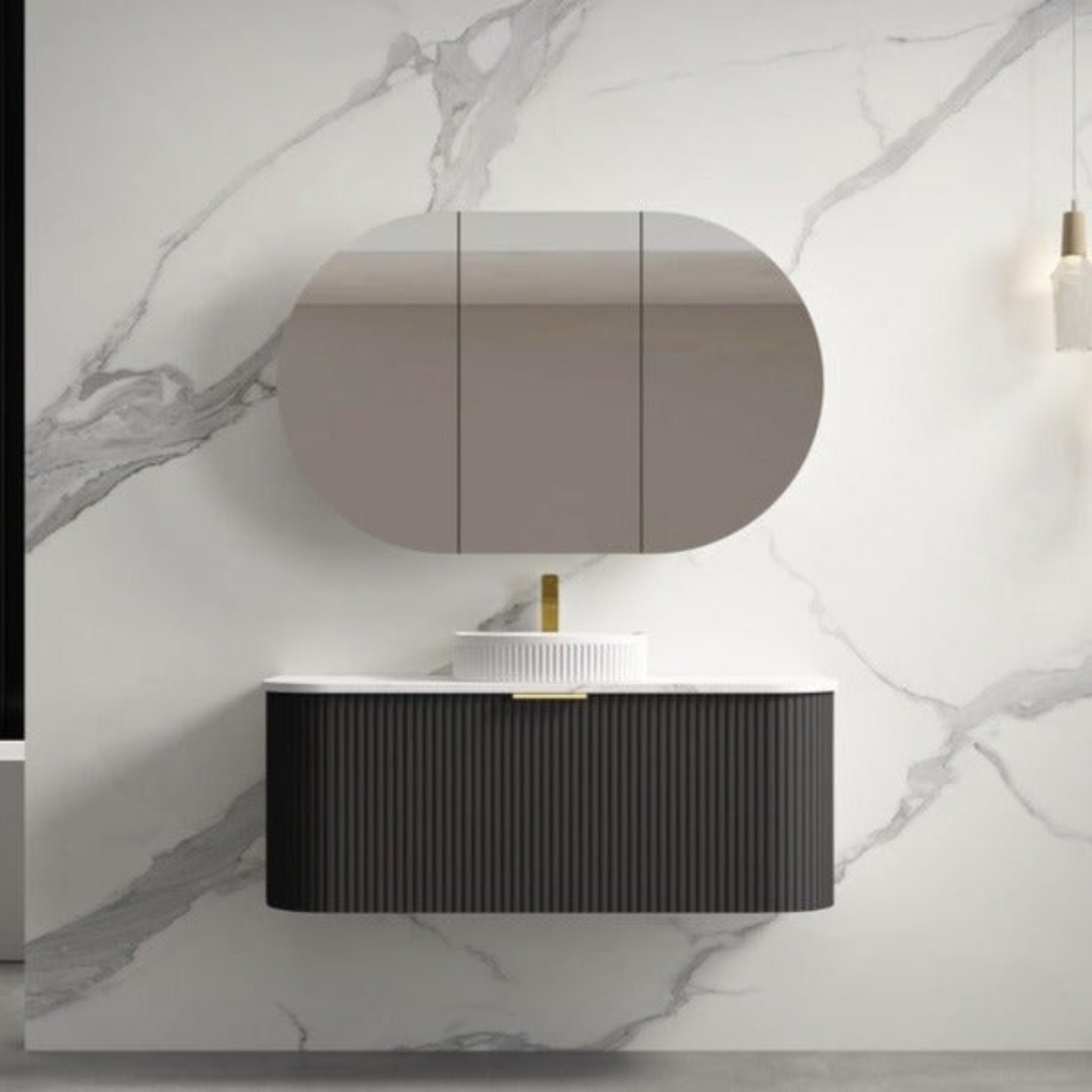 INFINITY RIO BLACK 1200MM CURVE SINGLE BOWL WALL HUNG VANITY W/ GERMAN HETTICH RUNNERS