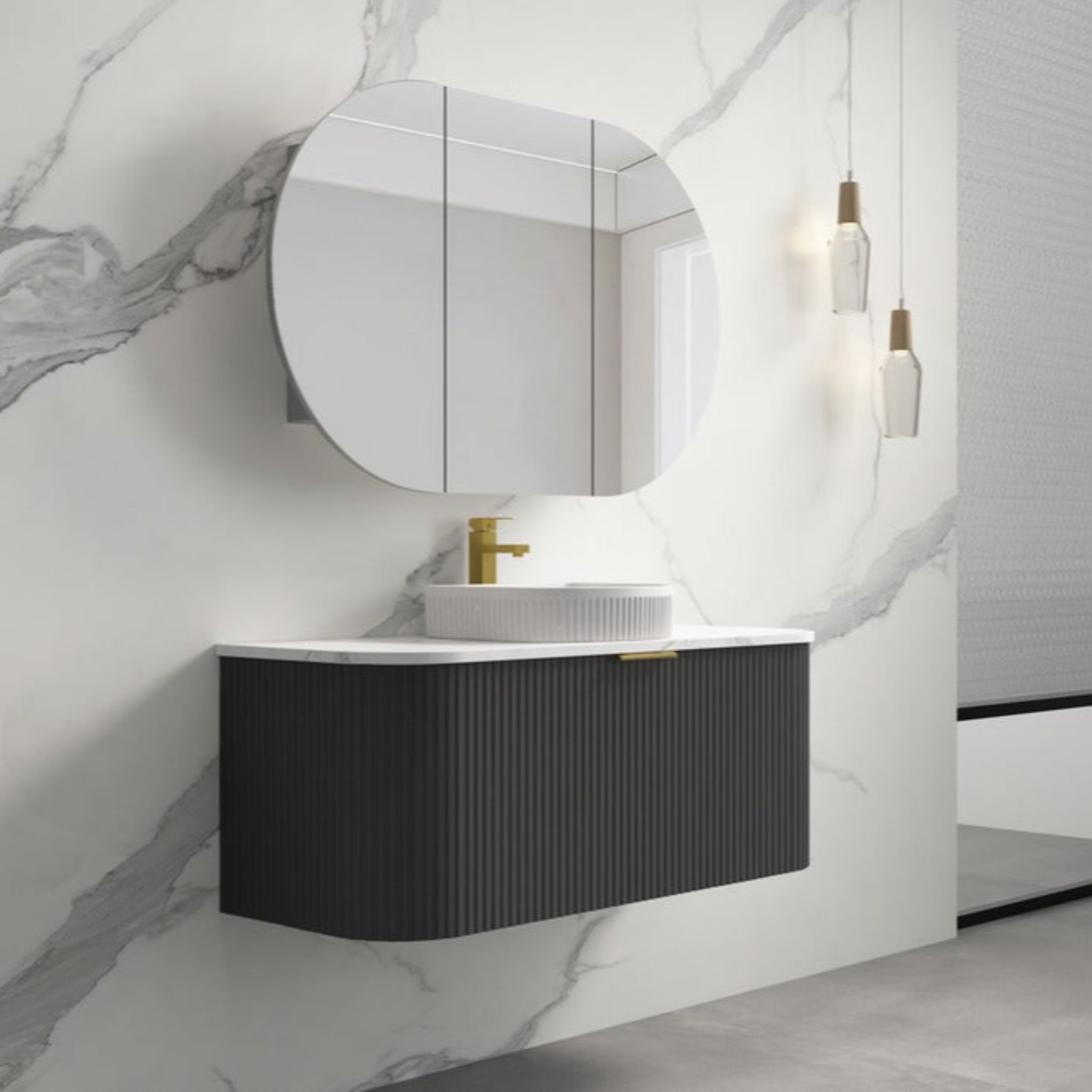 INFINITY RIO BLACK 1200MM CURVE SINGLE BOWL WALL HUNG VANITY W/ GERMAN HETTICH RUNNERS