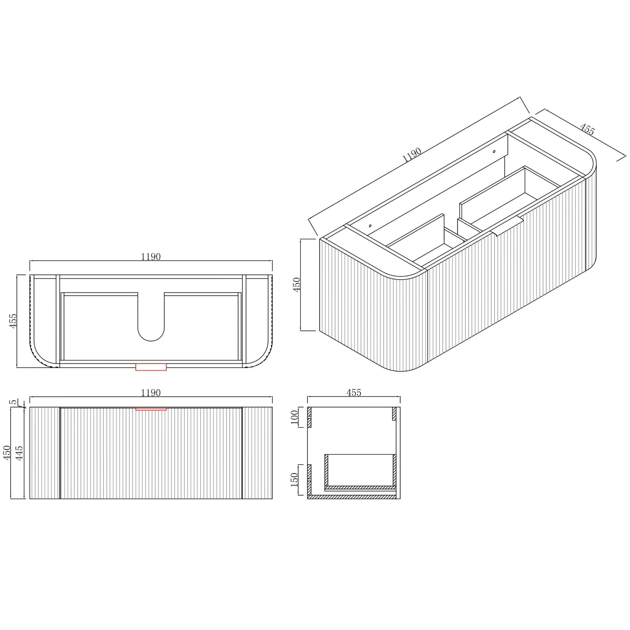 INFINITY RIO BLACK 1200MM CURVE SINGLE BOWL WALL HUNG VANITY W/ GERMAN HETTICH RUNNERS