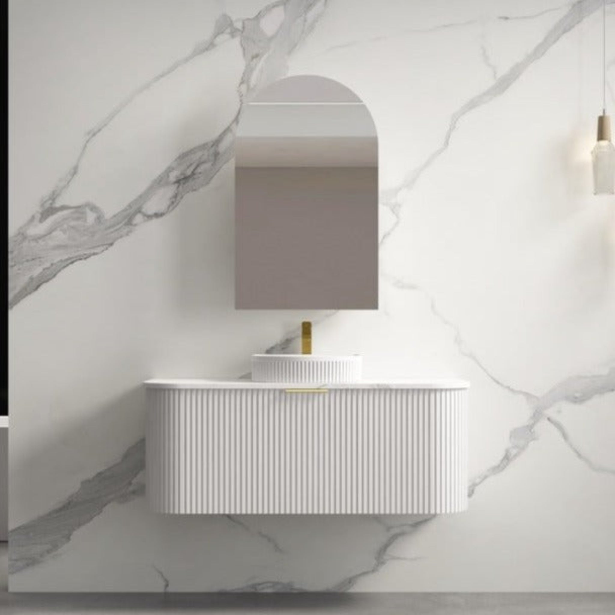 INFINITY RIO MATTE WHITE 1200MM CURVE SINGLE BOWL WALL HUNG VANITY W/ GERMAN HETTICH RUNNERS