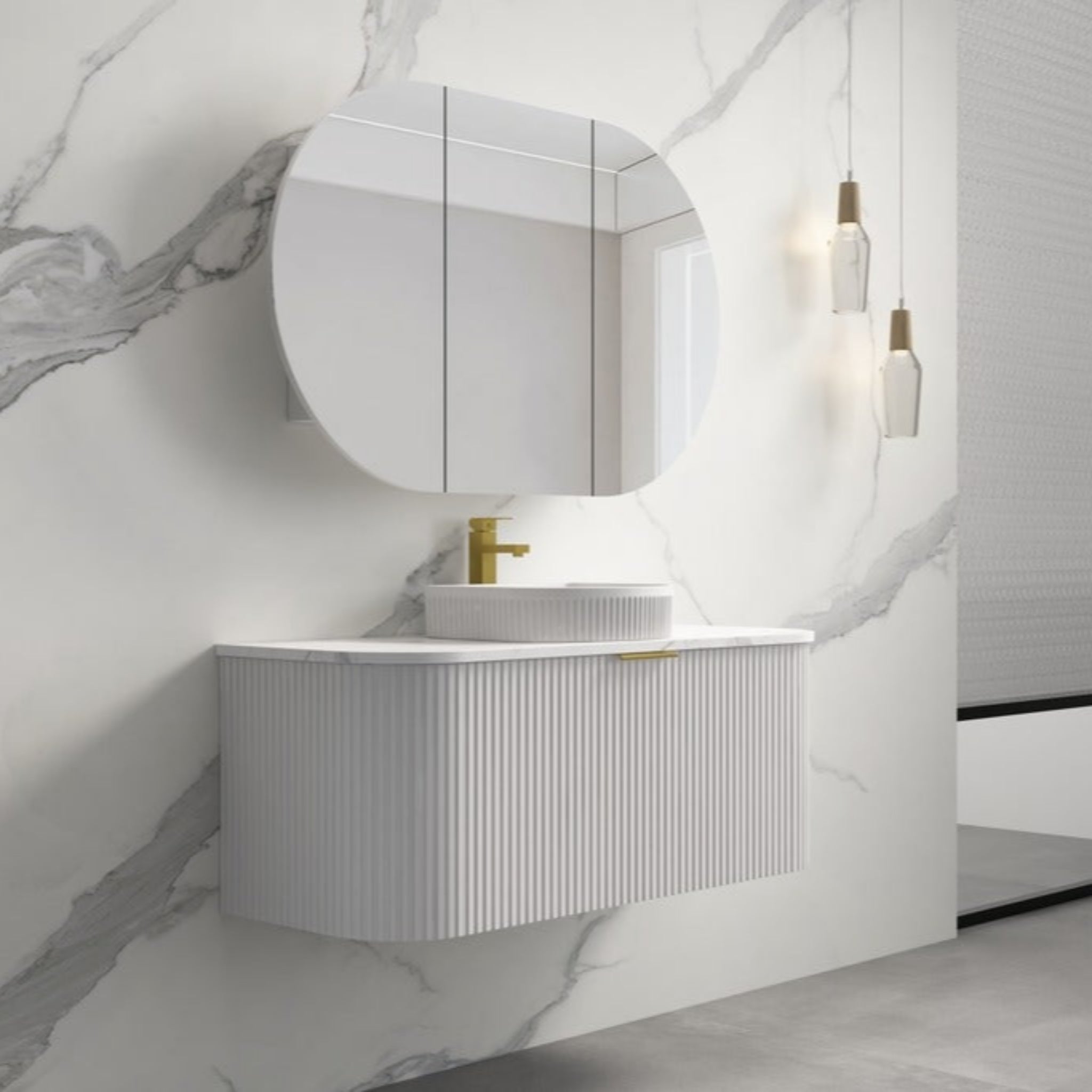 INFINITY RIO MATTE WHITE 1200MM CURVE SINGLE BOWL WALL HUNG VANITY W/ GERMAN HETTICH RUNNERS
