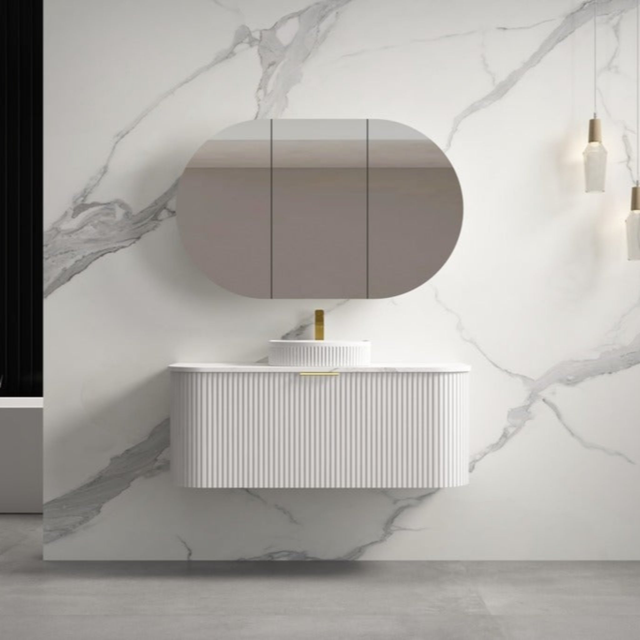 INFINITY RIO MATTE WHITE 1200MM CURVE SINGLE BOWL WALL HUNG VANITY W/ GERMAN HETTICH RUNNERS