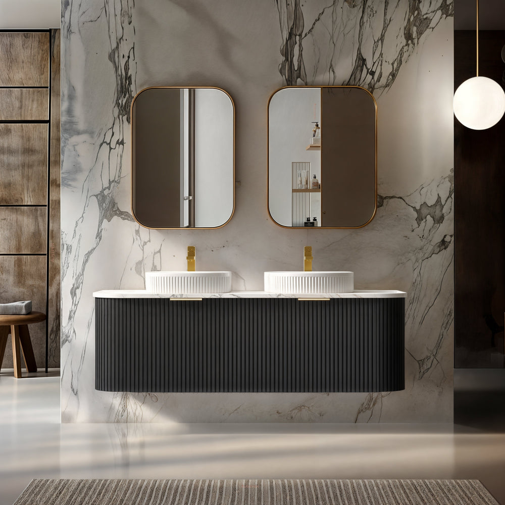 INFINITY RIO BLACK 1500MM CURVE DOUBLE BOWL WALL HUNG VANITY W/ GERMAN HETTICH RUNNERS
